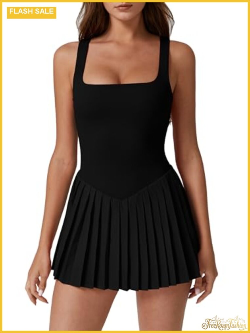 Square Neck Pleated Tennis Dress with Built-in Shorts and Pockets